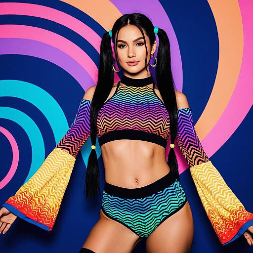 Woman in Psychedelic Rainbow Rave Outfit