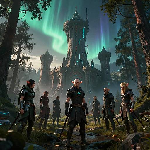 Digital fantasy artwork: Eerie forest with glowing aurora, elf and human warriors in dark armor stand before a glowing, gothic castle.