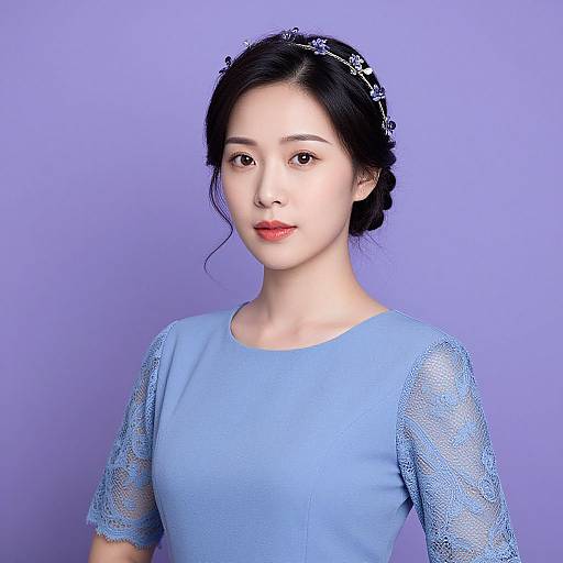 Photograph of an Asian woman with fair skin, black hair in a bun, wearing a light blue lace dress, and a floral headband, against