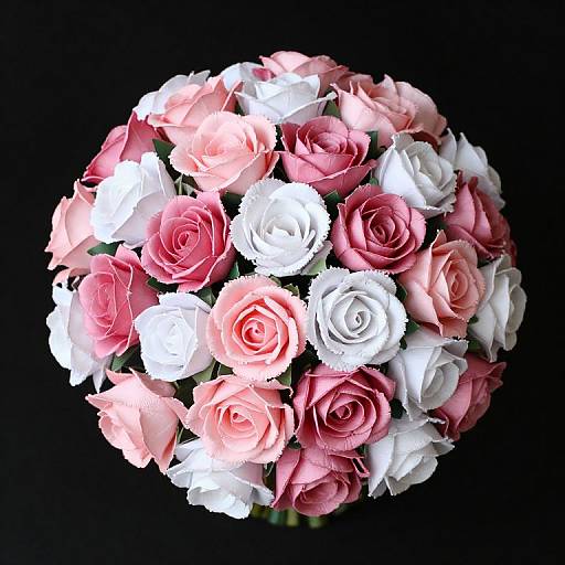Photograph of a round bouquet of pink and white roses, with delicate petals, set against a solid black background.
