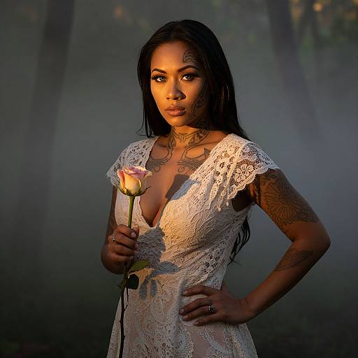 Photograph of a tattooed woman with long black hair, wearing a lace, deep V-neck white dress, holding a pink rose, standing in a