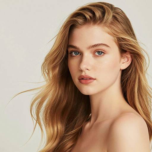 Photograph of a beautiful young woman with long, wavy blonde hair, fair skin, blue eyes, and light pink lips, against a plain white