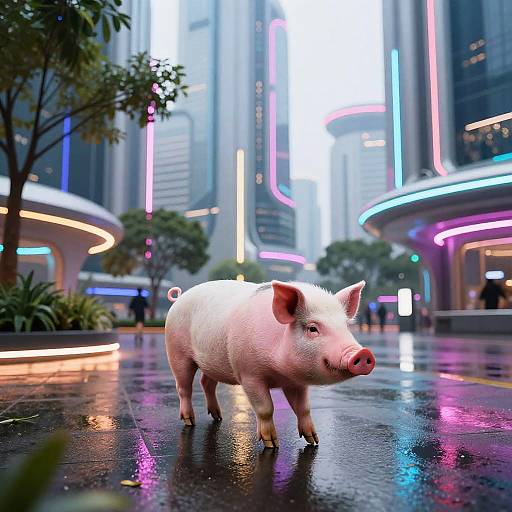 Cyberpunk Pig Strolling Neon Park