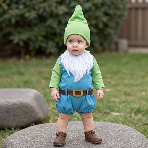 Photograph of a baby dressed as a green elf with a pointy hat, blue outfit, white ruff, brown belt, and brown shoes,