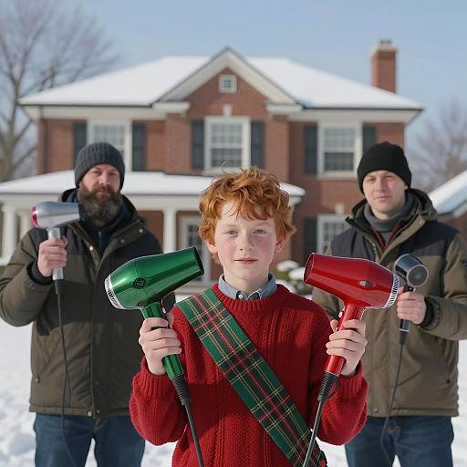 Red-haired boy and men holding hairdryers in snowy yard