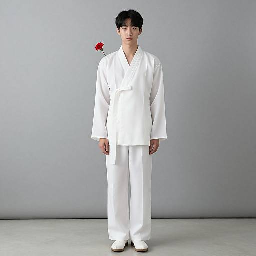 Photograph of a young Asian man with short black hair, wearing a white martial arts gi and holding a single red flower in his left hand, standing