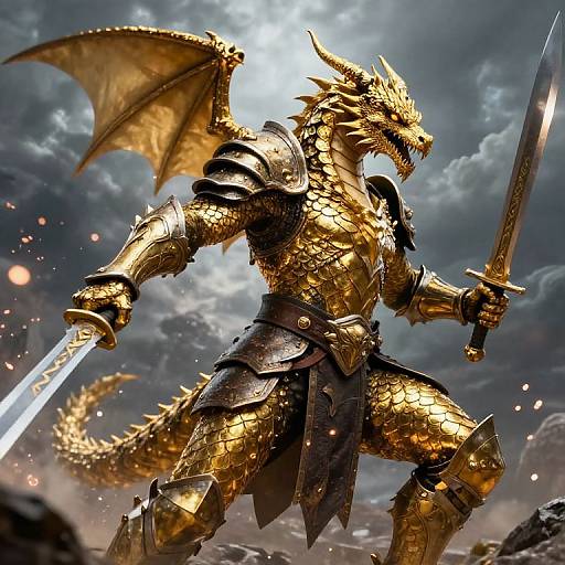 Digital artwork of a golden dragon warrior with scales, wings, and armor, wielding a glowing sword in a stormy, cloudy sky.