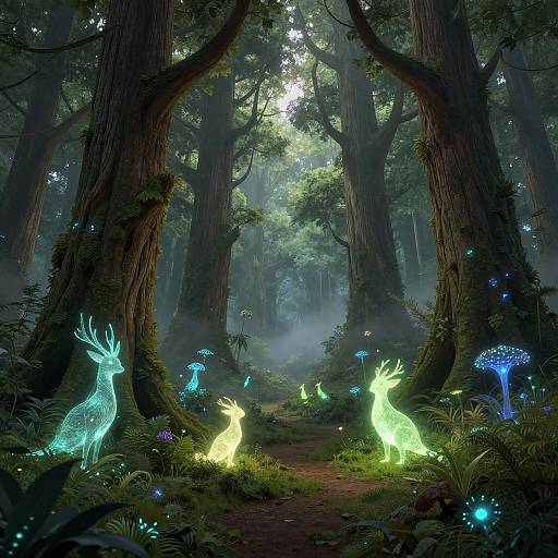Digital fantasy artwork of a mystical forest with glowing, luminescent deer and fireflies among towering trees, illuminated by moonlight.