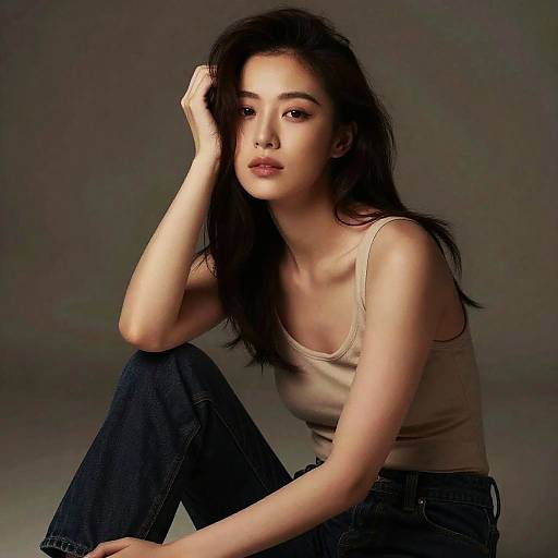 Photograph of a young Asian woman with long black hair, wearing a beige tank top and dark jeans, sitting with a thoughtful expression against a gradient gray
