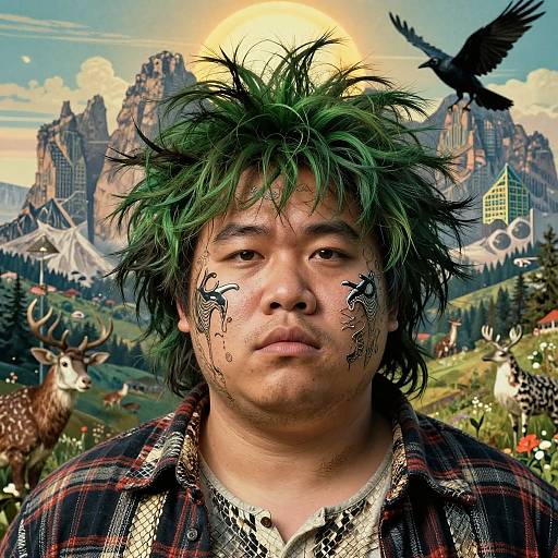 Photograph of an Asian man with green, spiky hair, tribal face paint, plaid shirt, mountainous, fantasy landscape background with deer,