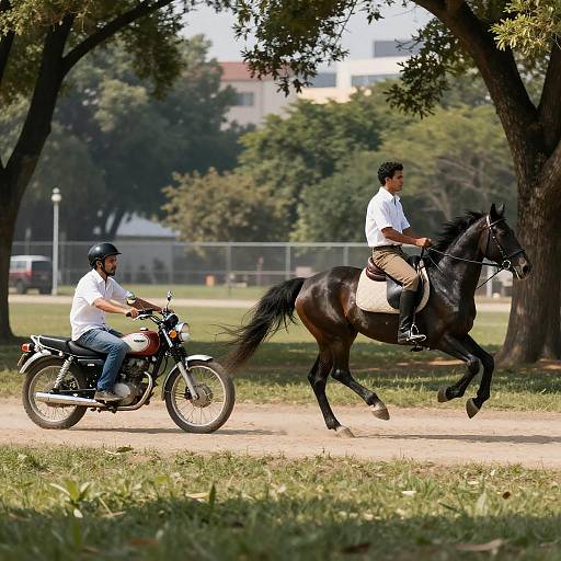 Sunlit Park Chase: Horse vs Motorcycle