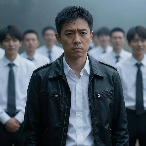 Photograph of a serious Asian man in a black jacket and white shirt, standing in front of a blurred group of similarly dressed men. Moody, over