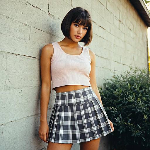 Fashionable woman in crop top and plaid mini skirt
