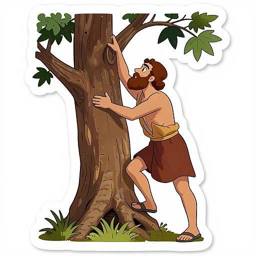 Cartoon illustration of a bearded, muscular man with a brown toga and sandals, climbing a tree, reaching for green leaves.