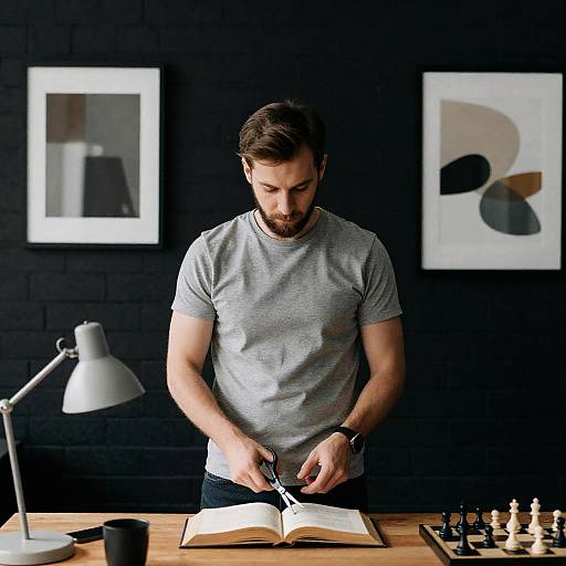 Man at Desk with Scissors and Art