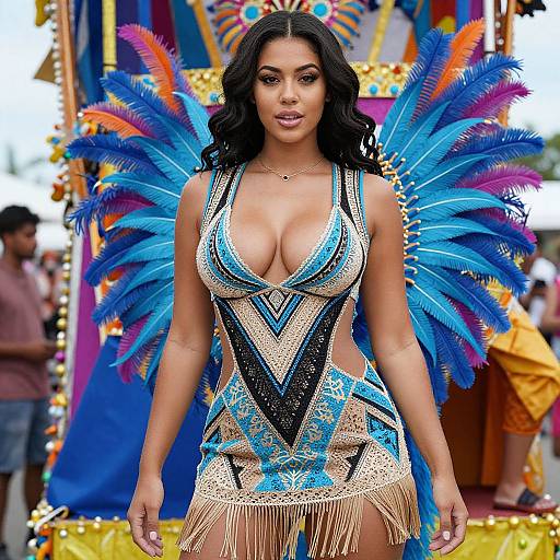 Photograph of a curvy woman with dark wavy hair, wearing a low-cut, blue and beige beaded dress with vibrant blue feather wings,