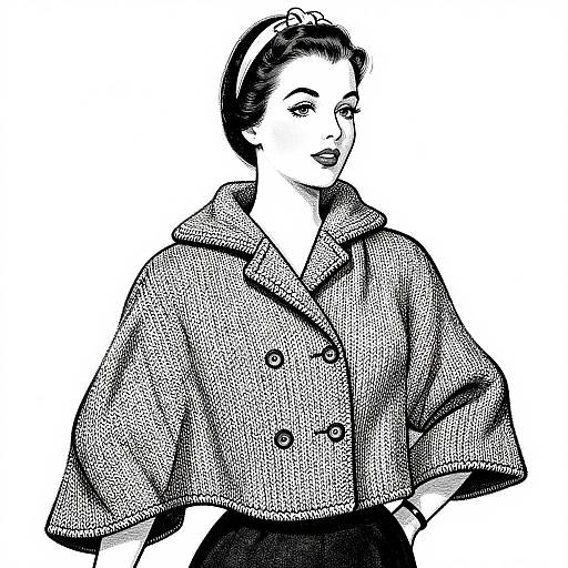 Black-and-white halftone illustration of a confident, 1940s-style woman with dark hair in a headband, wearing a buttoned coat