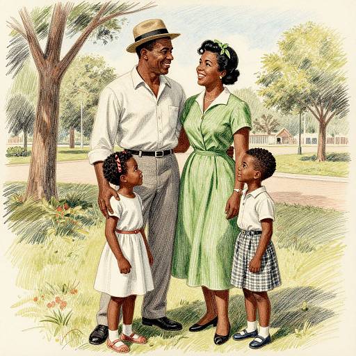 Vintage-style illustration of a happy African-American family: father in white shirt and straw hat, mother in green dress, two children in white and checkered