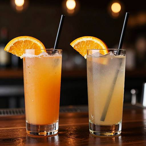 Photograph of two tall glasses on a wooden bar, each with a black straw and orange slice, one filled with orange juice, the other with a