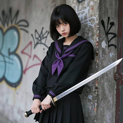 Anime Girl with Sword in Urban Setting
