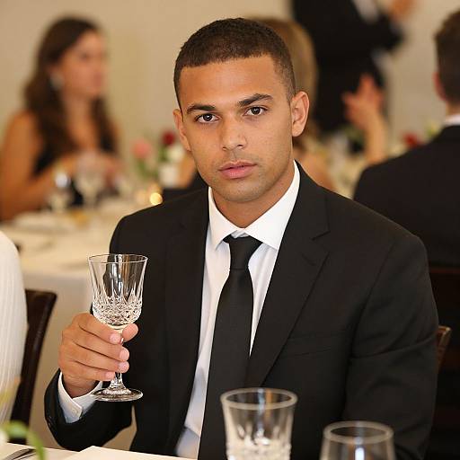Photograph of a young man with short, dark hair in a black suit, white shirt, and black tie, holding a champagne flute, seated at