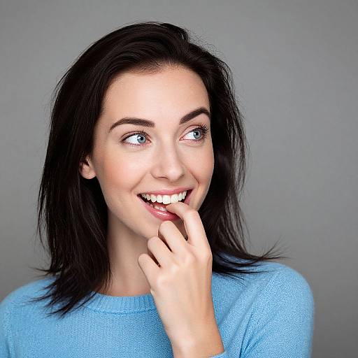 Photograph of a smiling woman with black hair, blue eyes, and fair skin, wearing a light blue sweater, touching her lips with her finger,