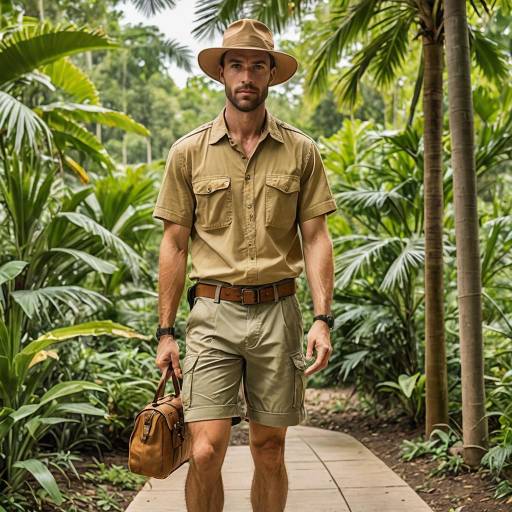 Man in Safari Outfit Walking Through Tropical Jungle