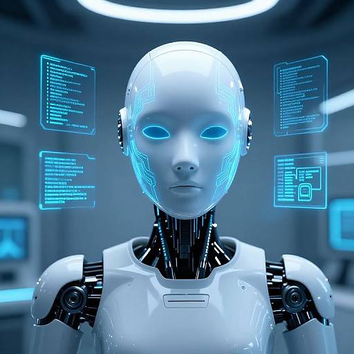 Digital CGI image of a glowing blue, featureless humanoid robot with illuminated eyes and tech holograms floating around its head.