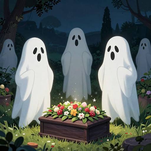 Digital artwork of four glowing white ghost figures with black eyes, standing around a wooden flower box filled with colorful blooms in a dark, enchanted forest.