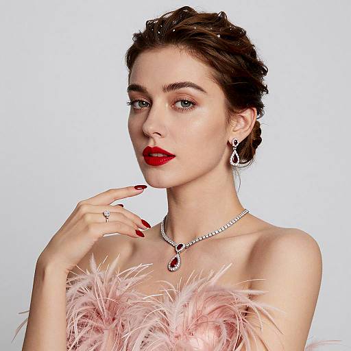 Elegant Woman with Diamond Jewelry and Pink Feathered Top