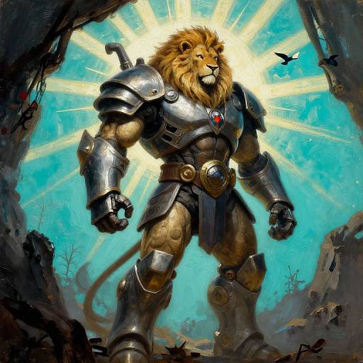 Digital art: Muscular lion warrior in shiny, medieval-style armor with a red gem, standing in a radiant blue sky with sunburst background, rocky