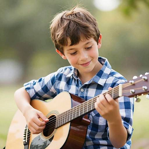 Photograph of a young boy with short brown hair, wearing a blue and white checkered shirt, playing an acoustic guitar outdoors.
