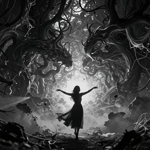 Solitary Figure Facing Chaotic Monolith