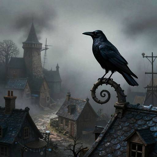 Somber Raven on Spiraling Rooftop