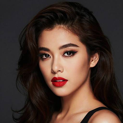 Photograph of an Asian woman with long, wavy dark hair, striking red lipstick, black eyeliner, and a black strap top, against a