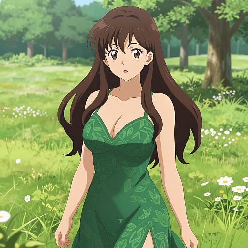 Anime Woman in Green Dress in Meadow
