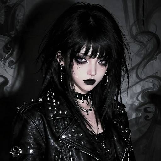 Digital gothic portrait of a pale, black-haired woman with dark lipstick, wearing a studded leather jacket and chokers, set against a smoky