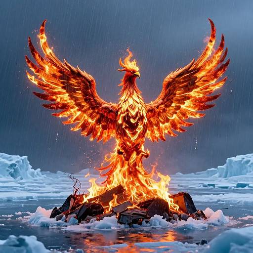 Photograph of a fiery phoenix with outstretched wings, standing on a rock in icy, snow-covered water during a rainy night.