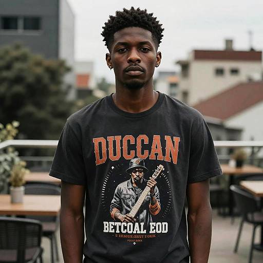 Man with Short Afro Hairstyle in Graphic Tee