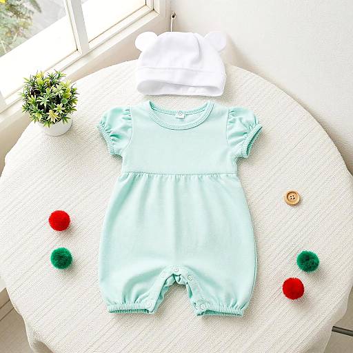 Photograph of light blue baby romper with white cap, placed on white circular table, with green and red pom-poms, and a small p