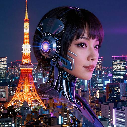 Cybernetic Asian woman with black hair and glowing headset stares at Tokyo skyline at night, Eiffel Tower-like tower illuminated in background. Digital