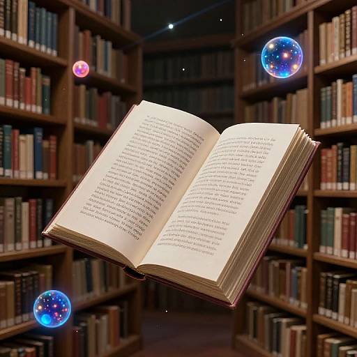Photograph of an open glowing book hovering in a library with dark wooden shelves filled with books, surrounded by floating colorful starry spheres.