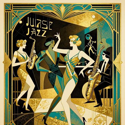 Art Deco-style illustration of four jazz musicians, three women in flapper dresses and one man in a suit, playing saxophone and bass. Bold