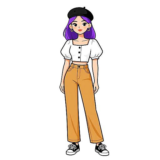 Digital illustration of a woman with purple hair, black beret, white puffed-sleeve crop top, orange high-waisted pants, black
