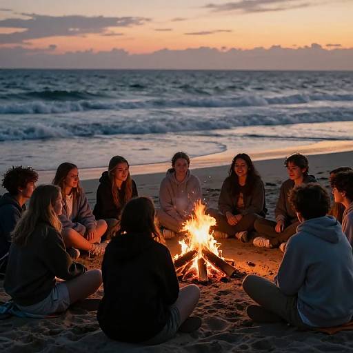 Photograph of a group of nine young adults sitting around a beach campfire at sunset, with waves in the background.