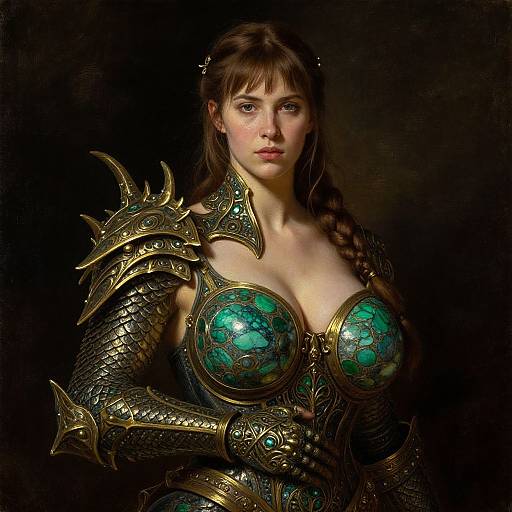 Digital painting of a beautiful, armored woman with green, scale-patterned breastplates, large breasts, and brown hair, set against a dark background.