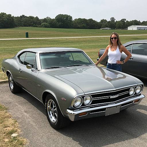 Photograph of a silver 1960s muscle car with chrome details, parked on a sunny grassy field; a woman in sunglasses and white tank