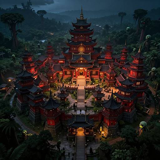 Photograph of a vibrant, illuminated, multi-tiered red temple complex surrounded by lush, dark jungle at night, with a central staircase and small crowd
