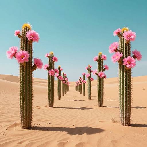 Photograph of a desert landscape with tall, green cacti adorned with vibrant pink flowers, standing in rows of sandy dunes under a clear,