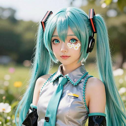 Digital artwork of Hatsune Miku with turquoise twin-tails, silver sleeveless top, and turquoise tie, standing in a sunny, flower-filled field